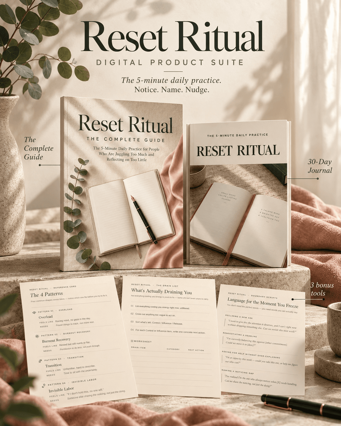 The Reset Ritual digital product suite on a warm stone surface: The Complete Guide, the 30-Day Journal, and reference cards for the four patterns, the drain list and boundary scripts.