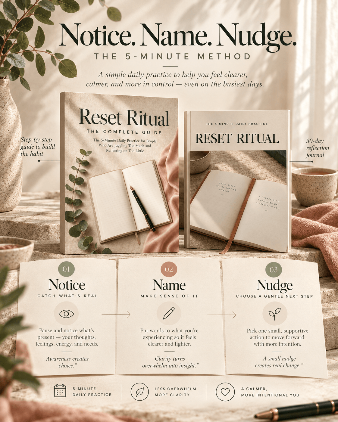 The five-minute method in three steps: Notice (catch what's real), Name (make sense of it) and Nudge (choose a gentle next step), shown with the guide and journal.