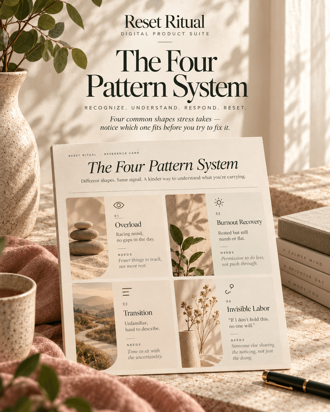 The Four Pattern System reference card describing Overload, Burnout Recovery, Transition and Invisible Labor, each with what it feels like and what it needs.