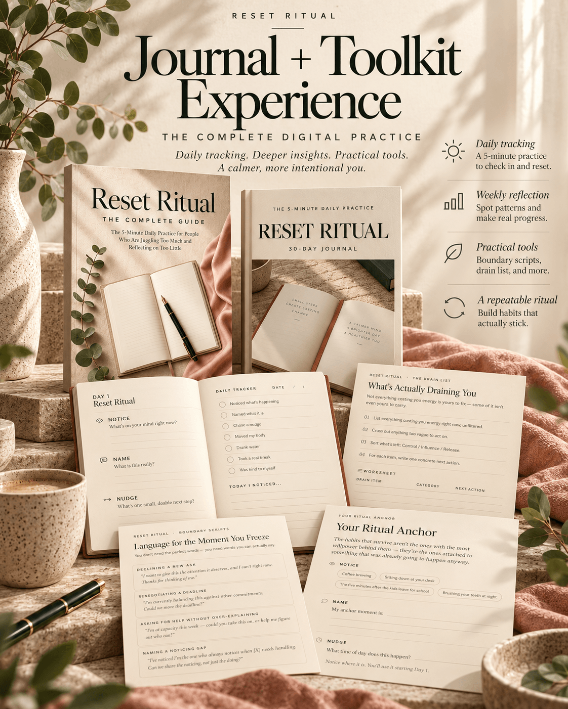 The journal and toolkit experience: a Day 1 journal spread with notice, name and nudge prompts and a daily tracker, plus boundary scripts, the drain list and the ritual anchor worksheet.
